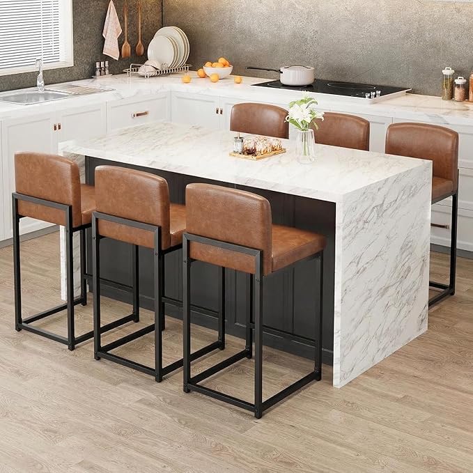 GarveeHome Bar Stools Set of 2, Modern Counter Height Bar Stools with Back and Footrest, Faux Leather Upholstered Barstools Chairs for Kitchen Island Dining Room Bar, Brown