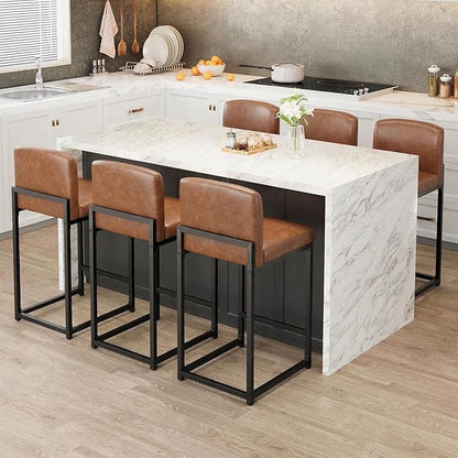 GarveeHome Bar Stools Set of 6, Modern Counter Height Bar Stools with Back and Footrest, Faux Leather Upholstered Barstools Chairs for Kitchen Island Dining Room Bar, Brown