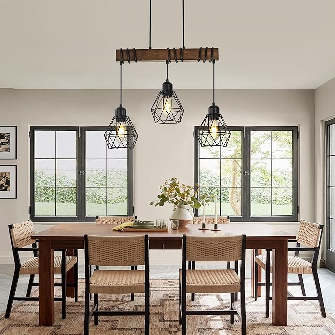 20'' 3-Light Kitchen Chandeliers Over Table, Farmhouse Black Dining Room Light Fixture, Linear Rustic Wood Ceiling Pendant Island Light Fixtures with Metal Lampshade, Height Adjustable by Power Cord
