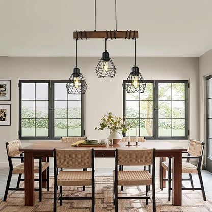 20'' 3-Light Kitchen Chandeliers Over Table, Farmhouse Black Dining Room Light Fixture, Linear Rustic Wood Ceiling Pendant Island Light Fixtures with Metal Lampshade, Height Adjustable by Power Cord