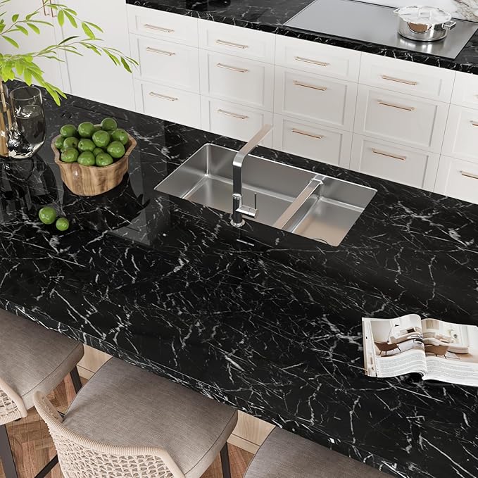 CRE8TIVE 24"x354" Black Marble Contact Paper Large Size Black Marble Peel and Stick Wallpaper Self Adhesive Waterproof Wide Black Wall Paper Removable for Kitchen Countertop Bedroom Walls Cabinets