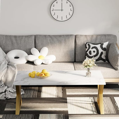 Wolawu Coffee Table Living Room Table White Center Table, Simple Modern Faux Marble Rectangular Tea Tables with Sturdy Gold Metal Frame,Industrial Wooden Coffee Table for Bedroom Home Office