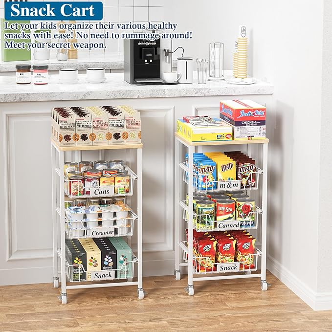 OKZEST 4-Tier Small Kitchen Storage Cart on Wheels with Pull-Out Drawers, Rolling Pantry and Snack Organizer Cart with Wood Top, Kitchen Floor Fruit Basket Stand for Fruit Potato Onion Veggie Snack