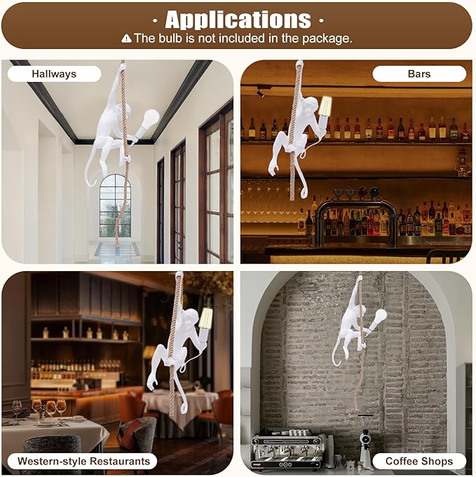 Vintage Monkey Chandelier, Retro Resin Hemp Rope Monkey Pendant Light Fixture, Hanging Ceiling Lamp E26 for Dining Living Room Bedroom Bar Cafe-White