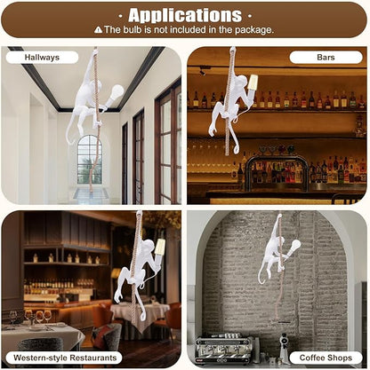 Vintage Monkey Chandelier, Retro Resin Hemp Rope Monkey Pendant Light Fixture, Hanging Ceiling Lamp E26 for Dining Living Room Bedroom Bar Cafe-White