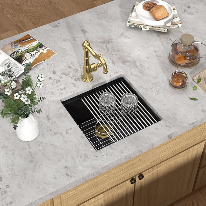 18 Undermount Bar Sink Workstation - 18"x18" Matte Black Granite Composite Quartz Classic Single Bowl Under Counter Small Prep Rv Kitchen Sink #TLGU-130