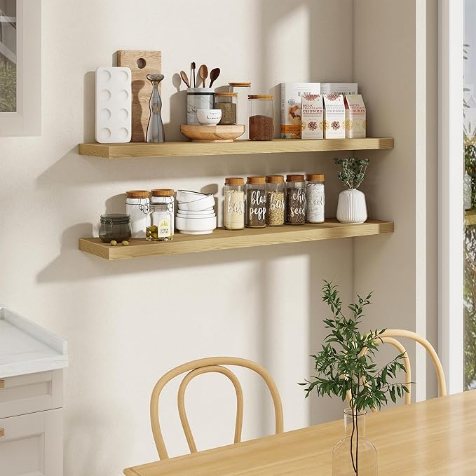 Fun Memories 55 Inch Long Floating Shelves for Wall Set of 2, 55x9.3 Large Floating Shelf for Bedroom, Kitchen, Bathroom, Wall Mounted Rustic Wood Shelves with Invisible Bracket for Books, Decor, Oak