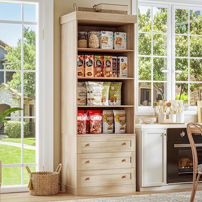 ivaniti 71" Tall Farmhouse Kitchen Pantry, Large Storage Cabinet with Glass Doors, Adjustable Shelves, 3 Drawer, Wood Versatile Hutch Cabinet for Dining Room, Living Room, Brown 2 PCS