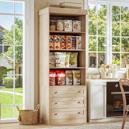 ivaniti 71" Tall Farmhouse Kitchen Pantry, Large Storage Cabinet with Glass Doors, Adjustable Shelves, 3 Drawer, Wood Versatile Hutch Cabinet for Dining Room, Living Room, Brown 2 PCS