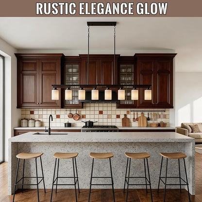 8-Light Kitchen Island Lighting & Farmhouse Dining Room Light Fixtures Over Table, 60inch Rustic Linear Chandelier Adjustable Ceiling Hanging Pendant - Rotating Design, Customizable Shapes, Milk Glass