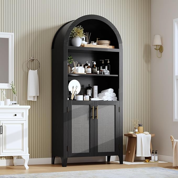 Garvee Arched Kitchen Pantry Storage Cabinet - 5-Tier Open Display Shelf with Rattan Decor, Farmhouse Storage Cabinet for Kitchen, Dining Room, Living Room, Black