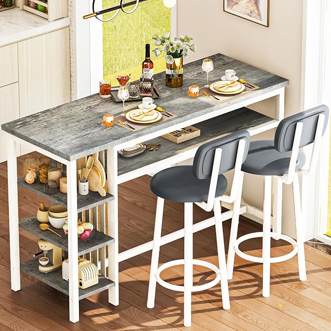 DKLGG Bar Table and Chairs Set for 2, 3-Piece Counter Height Dining Table with Stools, Hightop Kitchen Island Table with Storage Shelves for Kitchen, Bar, Pub, Bistro
