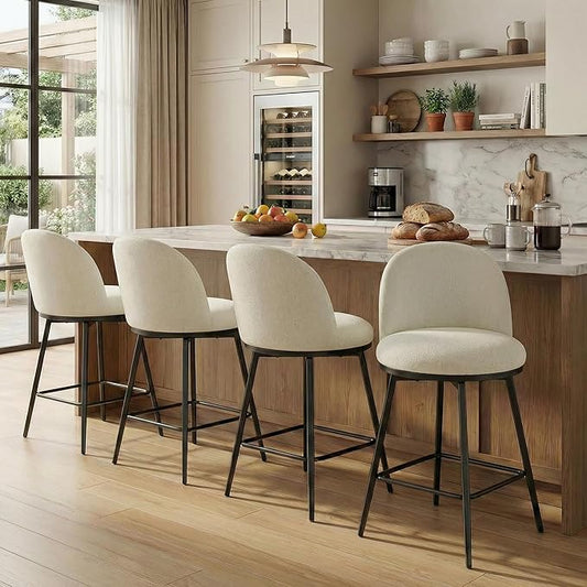 KISLOT Counter Height Swivel Bar Stools Set of 4, 26" Upholstered Linen Fabric Barstools with Backs and Metal Legs for Kitchen Island,Linen