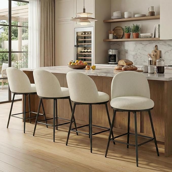 26" Counter Height Swivel Bar Stools Set of 4, Upholstered Linen Fabric Barstools with Backs and Metal Legs for Kitchen Island,Linen