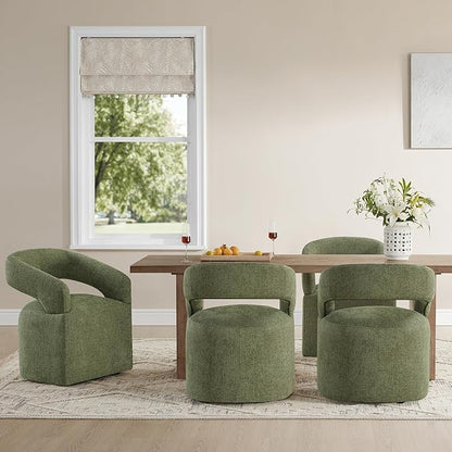 KISLOT Upholstered Dining Chairs with Casters, Modern Barrel Side Armchair with Rollers for Dining Room, Bedroom, Kitchen, Reading Room, Green, Set of 2
