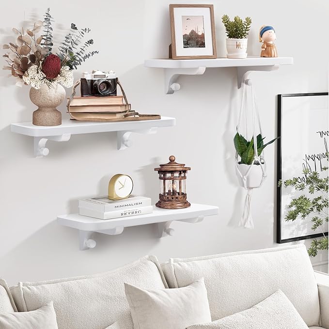 Wooden Floating Shelves for Wall, 15.7" W x 6" D x 0.6" H Large Wall Shelves, Hanging Storage Shelf with Hooks for Living Room, Kitchen, Bathroom, Bedroom Decor, White, 3 Packs