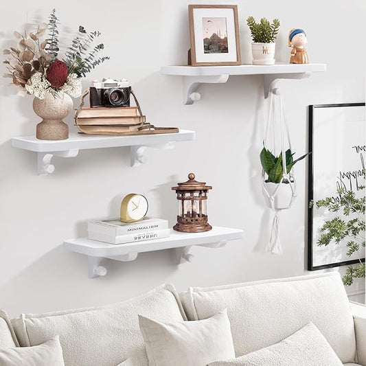 Wooden Floating Shelves for Wall, 15.7" W x 6" D x 0.6" H Large Wall Shelves, Hanging Storage Shelf with Hooks for Living Room, Kitchen, Bathroom, Bedroom Decor, White, 3 Packs