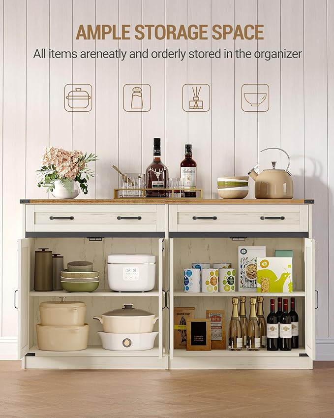 Hzuaneri Kitchen Storage Cabinet, Buffet Cabinet with Storage, Modern Farmhouse Sideboard Cabinets with Drawer, 55.1" Coffee Bar Cabinets with Doors & Adjustable Shelves, for Kitchen, White Brown