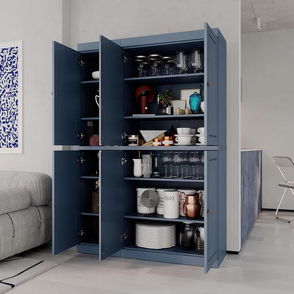 Palace Imports Solid Wood Kitchen Pantry Cabinet 71.5" Tall, 48.5" Wide – Freestanding Storage Cabinet with Adjustable Shelves – Antique Blue, Renewable Eco-Friendly 100% Wood, Made in Brazil