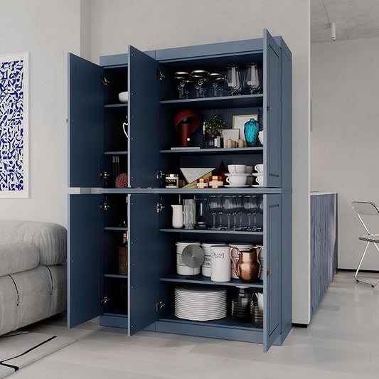 Palace Imports Solid Wood Kitchen Pantry Cabinet 71.5" Tall, 48.5" Wide – Freestanding Storage Cabinet with Adjustable Shelves – Antique Blue, Renewable Eco-Friendly 100% Wood, Made in Brazil
