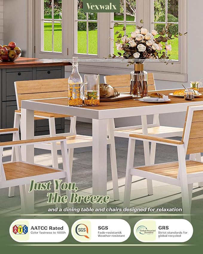 Vexwalx 7-Piece Outdoor Dining Set, Aluminum Dining Table Set for 6, Patio Table and Chairs Set with Umbrella Hole, All Weather HDPS Outdoor Table and Chairs for 6 (White-Teak)