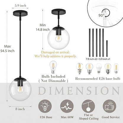 Bagood 8" Globe Pendant Light Black 2 Pack Mid Century Pendant Light Globe Pendant Lights Kitchen Island Matte Black Finished with Clear Glass Adjustable Ceiling Light Fixtures for Dining Room Bar
