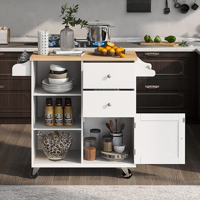 Fashion Store Kitchen Island Cart with Rubber Wood Top and 2 Drawers,4 Wheels and 3 Open Shelves,for Kitchen,Dining Room,Bathroom,Living Room (White@E)