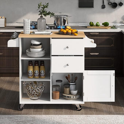Fashion Store Kitchen Island Cart with Rubber Wood Top and 2 Drawers,4 Wheels and 3 Open Shelves,for Kitchen,Dining Room,Bathroom,Living Room (White@E)