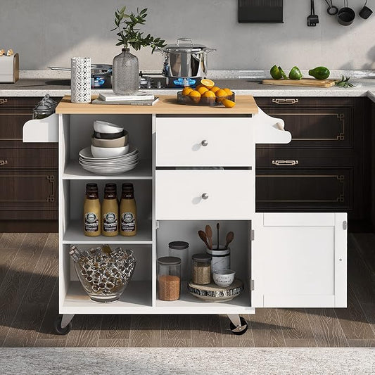 Fashion Store Kitchen Island Cart with Rubber Wood Top and 2 Drawers,4 Wheels and 3 Open Shelves,for Kitchen,Dining Room,Bathroom,Living Room (White@E)