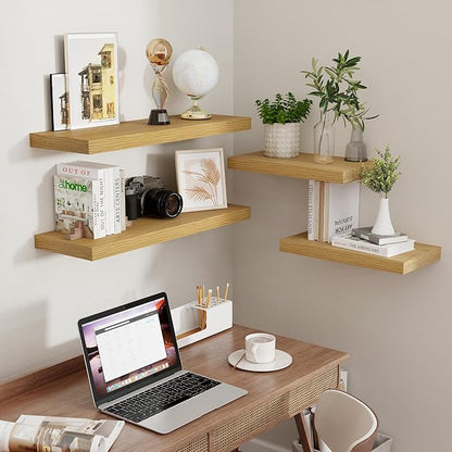 Fun Memories 16 Inch Long Floating Shelves, 9.3 Inch Deep Floating Shelf for Wall, Living Room, Kitchen, Rustic Deep Wood Shelves for Bathroom, 2 Pack Storage Display Shelf for Books, Decor, Oak