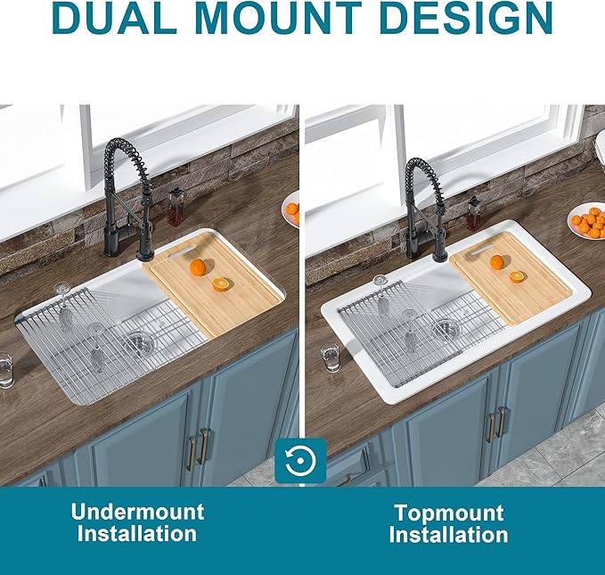 Large Undermount Workstation Kitchen Sink White 33 x 19 Inch, Fireclay Sink Drop In Single Bowl, Dual Mount Heavy Duty Deep Basin, Cutting Board Included, White, for Kitchen