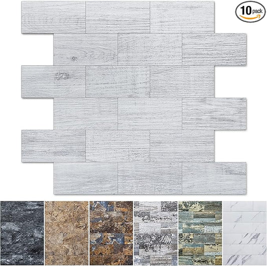 Art3d 10-Sheet Peel and Stick Backsplash PVC Wall Tile, Stickon Tile for Kitchen Backplash, Bathroom Vanities, Fireplace Decor, Laundry Table, Stair Decals in White-Washed, Plastic-Sheets