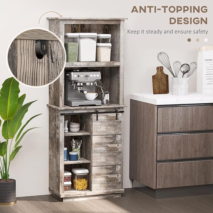 Modern Kitchen Pantry, Freestanding Buffet Cabinet with Hutch, Sliding Barn Door, Adjustable Shelf, Easy to Maintain, for Dining Room