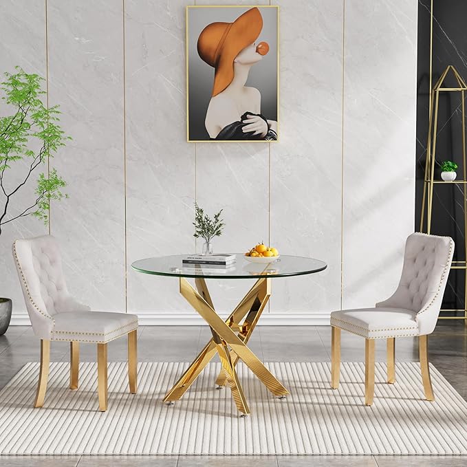 Round Glass Dining Table, Tempered Glass Tabletop and Metal Legs, Modern Style Glass Kitchen Table for Home, Kitchen, Dining Room (Gold, 36'' Round Table with 4 Legs)