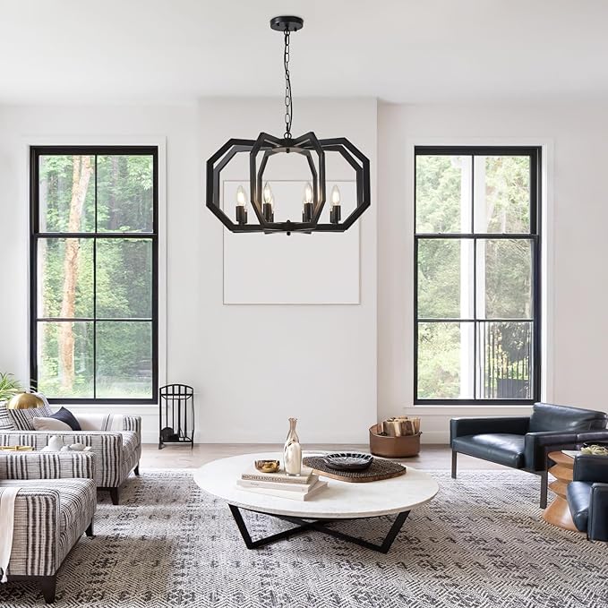 Lanhall 8 Black Light Farmhouse Chandelier Dining Room Light Fixture Geometric Modern Rustic Hanging Pendant Light for Living Room, Kitchen Island, Foyer, Entryway, Hallway, Stairway