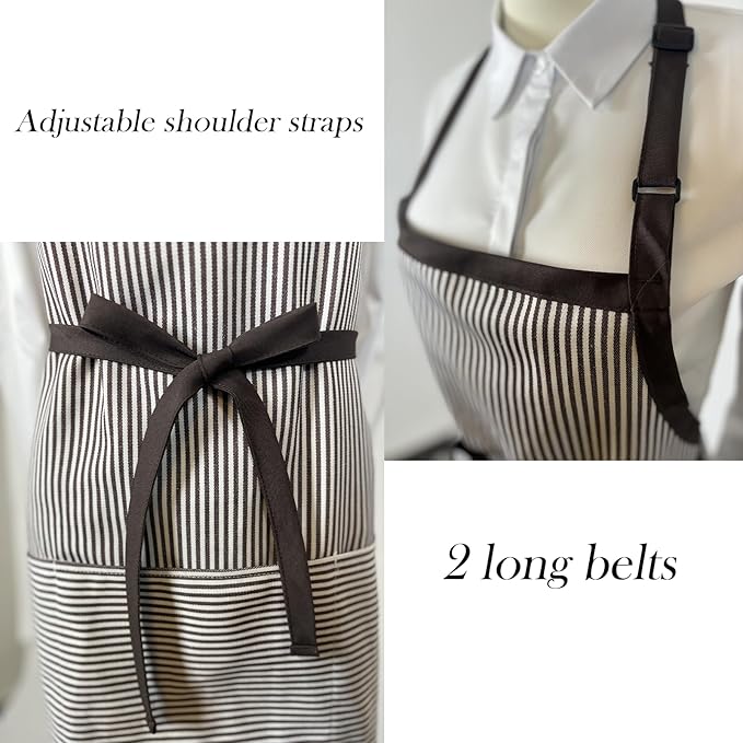 Kitchen Apron with 3 Pocket, Adjustable Server Apron, Waitress Apron with Pockets Stripes