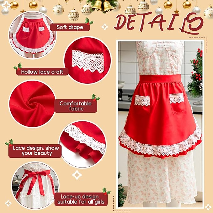 Geyoga Valentine Red Waist Aprons for Women with Pockets Kitchen Waitress Maid Apron Vintage Skirt Cute Ruffle Dress Costume
