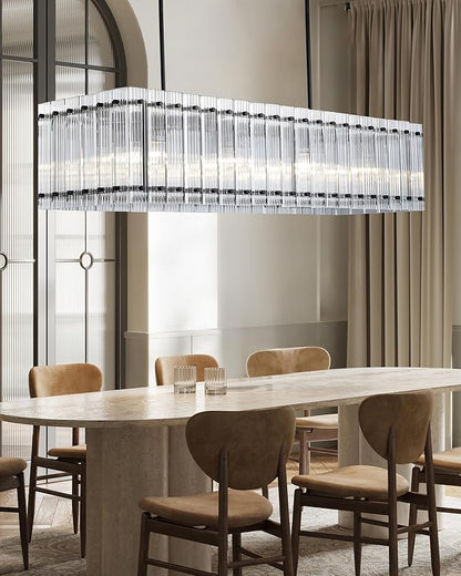 IKK Modern Rectangle Black Chandeliers for Dining Room, 40" Ribbed Glass Island Light Fixture, Linear Farmhouse Lighting with Adjustable Height for Kitchen Island, Living Room
