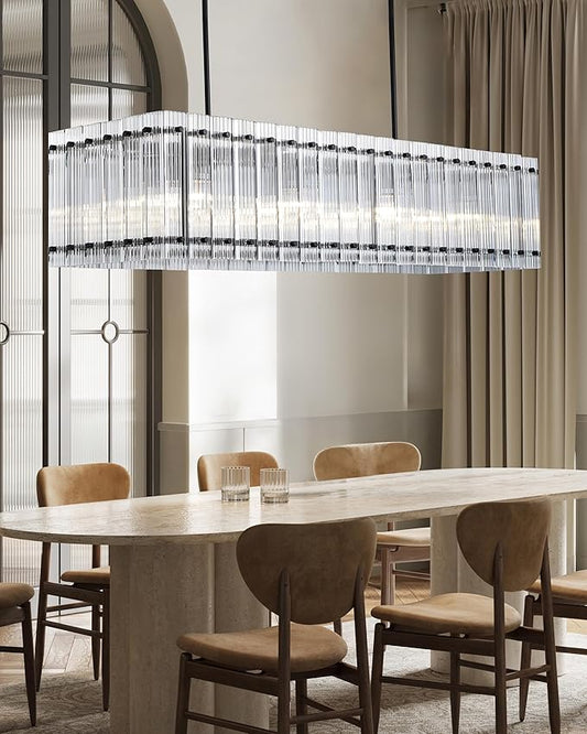 IKK Modern Rectangle Black Chandeliers for Dining Room, 40" Ribbed Glass Island Light Fixture, Linear Farmhouse Lighting with Adjustable Height for Kitchen Island, Living Room