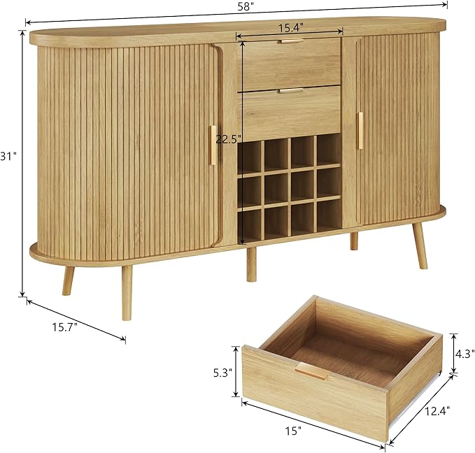 HUAHUU 58" Buffet Cabinet with Storage, Fluted Wine Bar Cabinet with Drawers & Adjustable Shelves, Mid-Century Modern Buffet Sideboard with 12 Wine Racks for Kitchen Living Room, Natural Oak