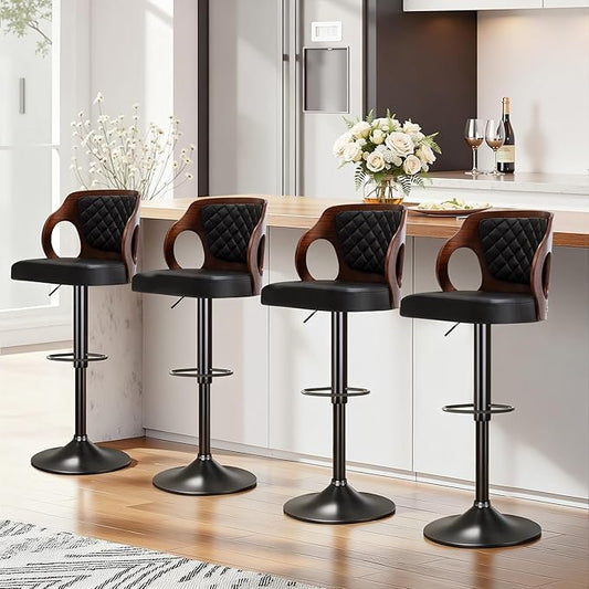 VECELO Swivel Bar Stools Set of 4,Counter Height Stools with Bentwood Back,Armrest&Footrest,Adjustable PU Leather Bar Chairs for Kitchen Island,Coffee Shop and Salon,Black,Quilted Elegance