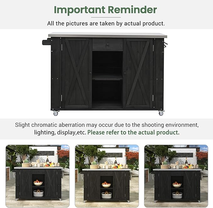 Flieks Outdoor Kitchen Island Fir Wood Kitchen Island with Stainless Steel Top, Ample Storage Space, Towel and Spice Racks and a Bottle Opener for Outdoor, Black
