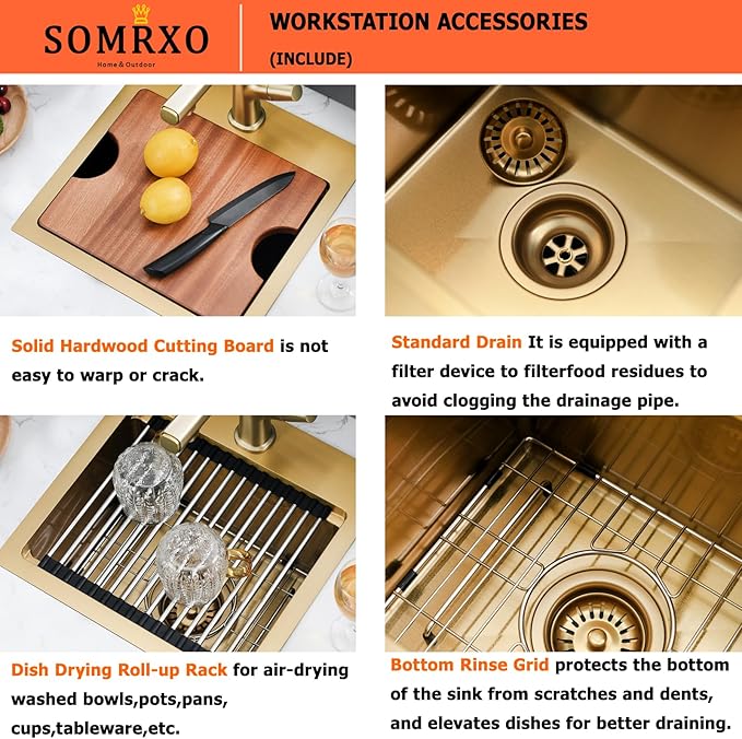 15x15 Inch Gold Drop In Bar Sink Workstation - 16 Gauge Stainless Steel Single Bowl, Small Kitchen Sink for RV, Wet Bar, Outdoor Kitchen & Prep Workstation