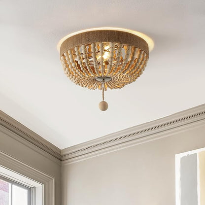 JONATHAN Y 14" Light Taupe and Polished Nickel 2-Light Wood Bead Iron Flush Mount, Farmhouse Bohemian Ceiling Light for Bedroom Hallway, UL Listed, LED Bulbs Included JYL1307A