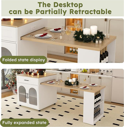 SOFTSEA Extendable Dining Table with Drawer & Shelves, 31.5" to 80" Mobile Kitchen Island Table with USB Ports, Foldable Kitchen Cabinet for Dining Room Living Room, White