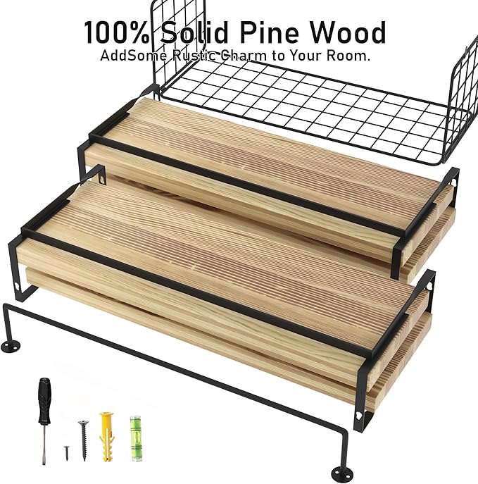 Wood Floating Shelves Wall Mounted - 4+1 Tier Rustic Bathroom Wall Shelves Over Toilet with Wire Storage Basket and Towel Bar, Set of 4 Farmhouse Floating Shelf for Bathroom, Kitchen, Bedroom.