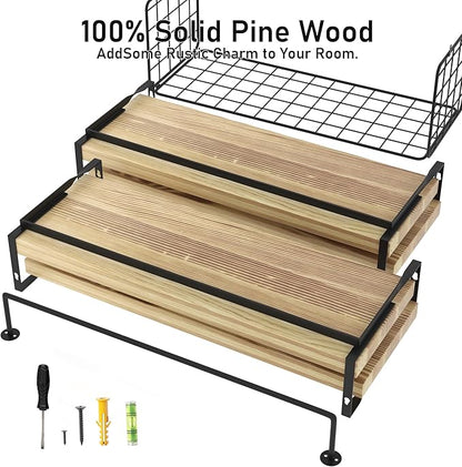 Wood Floating Shelves Wall Mounted - 4+1 Tier Rustic Bathroom Wall Shelves Over Toilet with Wire Storage Basket and Towel Bar, Set of 4 Farmhouse Floating Shelf for Bathroom, Kitchen, Bedroom.