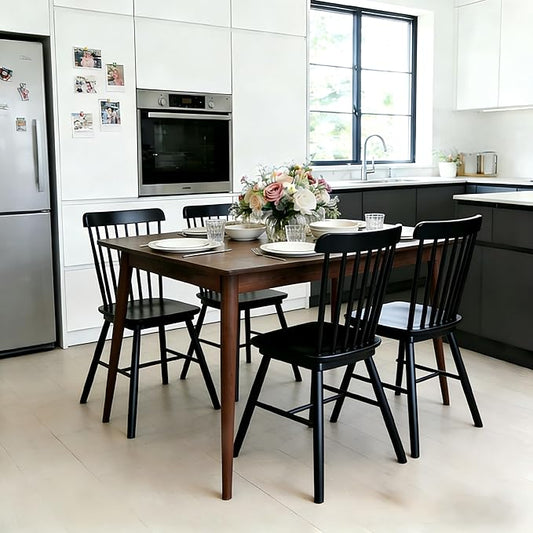Windsor Dining Chairs Set of 4, Farmhouse Solid Wood Kitchen Chair with Spindle Back, Modern Side Dining Chairs Set for Dining Room, Kitchen, Restaurant, Black