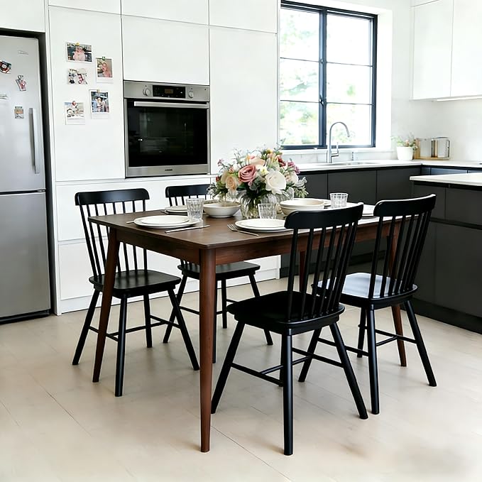 Windsor Dining Chairs Set of 8, Farmhouse Solid Wood Kitchen Chair with Spindle Back, Modern Side Dining Chairs Set for Dining Room, Kitchen, Restaurant, Black