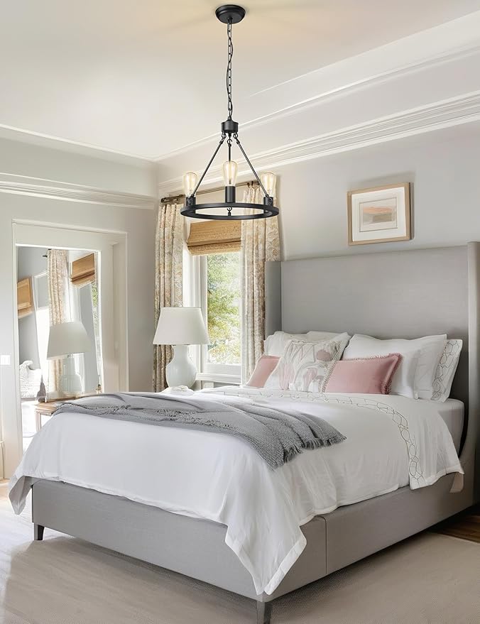 L LOHAS LED Black Farmhouse Chandeliers for Dining Room, 3-Light Wagon Wheel Chandelier Over Table, Height Adjustable, 16" Dining Room Light Fixtures, Modern Chandelier for Kitchen Island Living Room